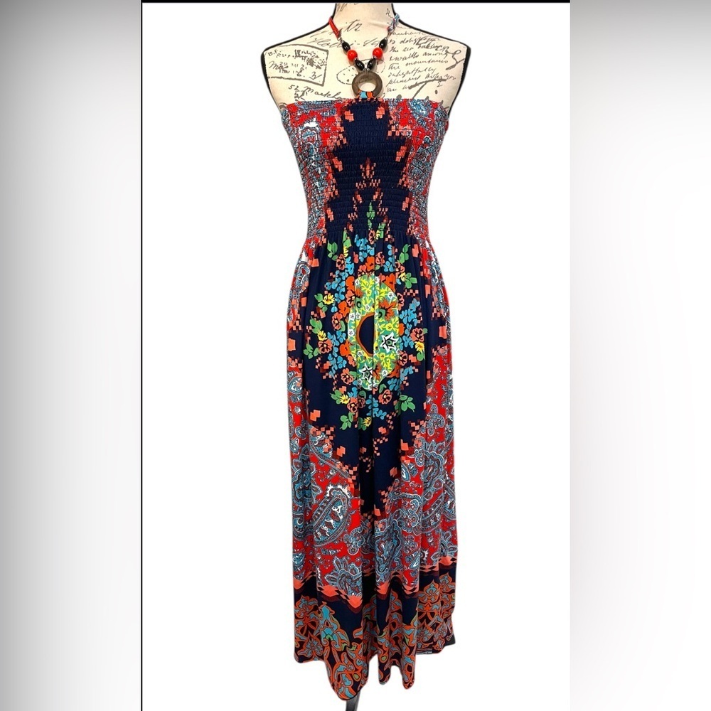 Magic Red and Blue Strapless Sundress Maxi Size Medium